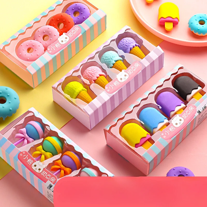 Cute Eraser Wholesale Creative Eraser Set Stationery Lollipop Sweet Shape Ice Cream Small Prize Rubber Gift Box