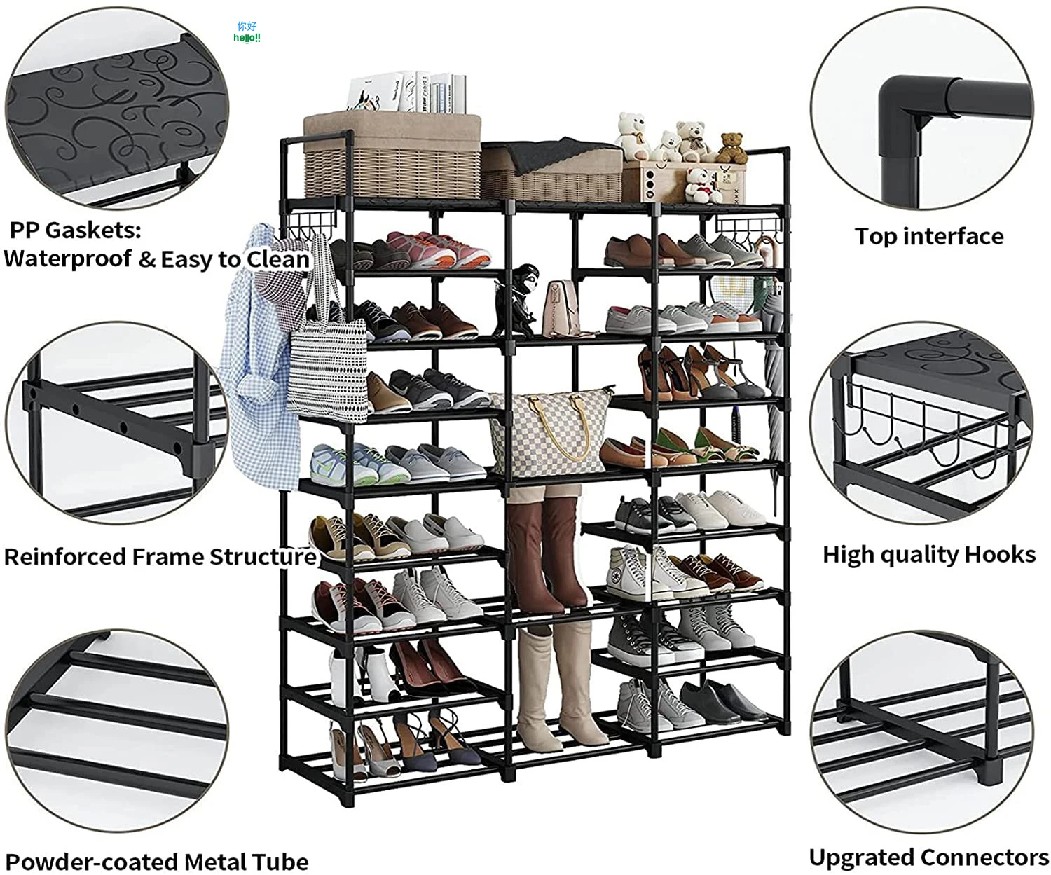 Large Capacity 3-layer Metal Shoe Rack Outdoor Corridor Black Shoe Storage Organization Rack Online Shoe Display Stand
