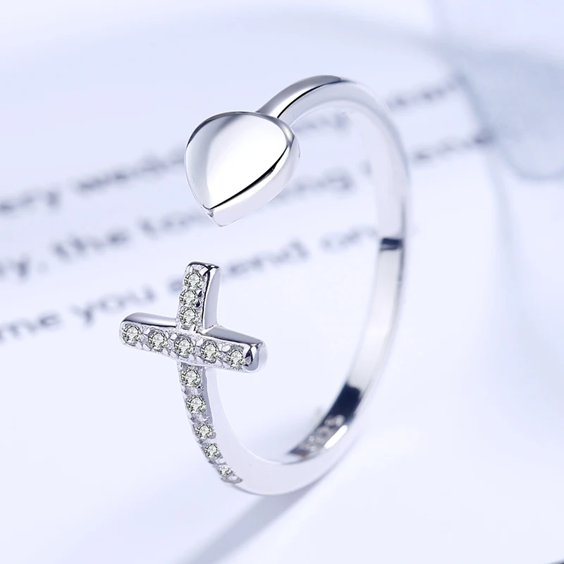 
Fashionable Simple Jewelry 925 Sterling Silver Glossy Heart Ring Cross Diamond Female Tail Ring 