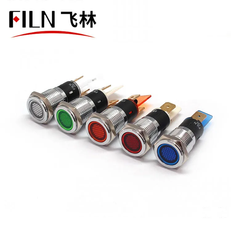 FILN 14mm 220v 24v 12v indicator metal waterproof flat type solder pin led emergency lamp yellow red