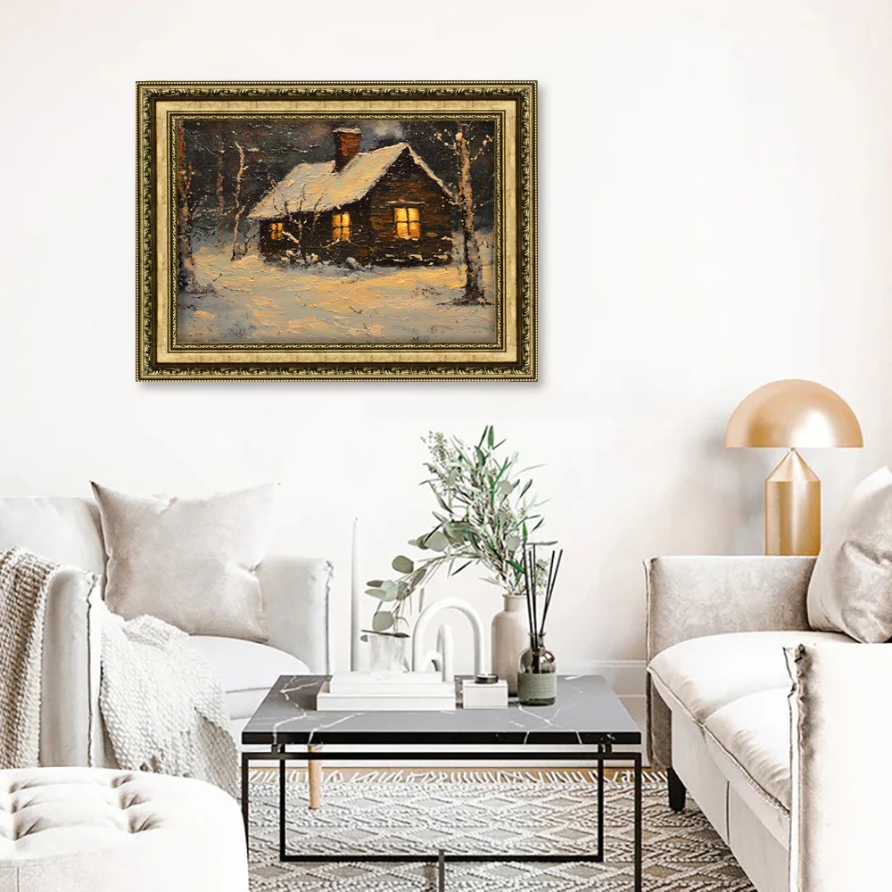 Vintage Ornate Gold Framed Landscape Painting Handpainted Oil Wall Art for Living Room Retro Style Farmhouse Art Bedroom