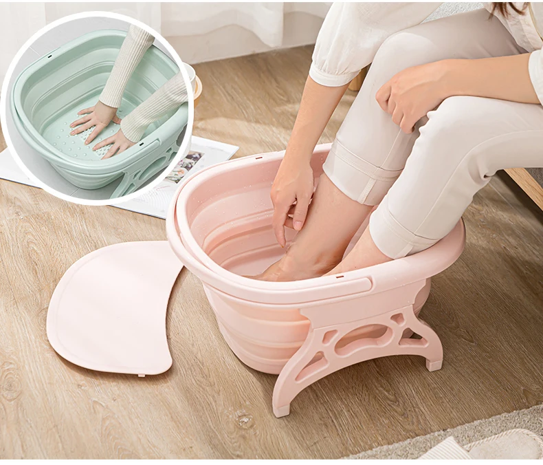 Folding Foot Wash Tub with Lid Sauna Foaming Massage Bucket Bathroom Foot Bath Basin Portable Foldable Footbath Hot Tubs