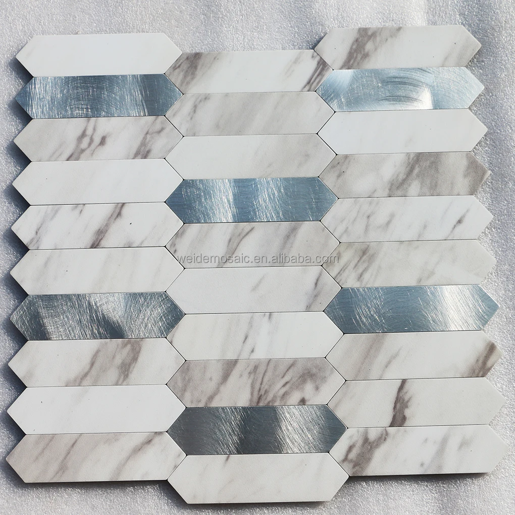 Long Hexagon PVC Peel and Stick Backsplash Silver Metal Mosaic Self Adhesive Aluminous Wall Mosaic Tiles
