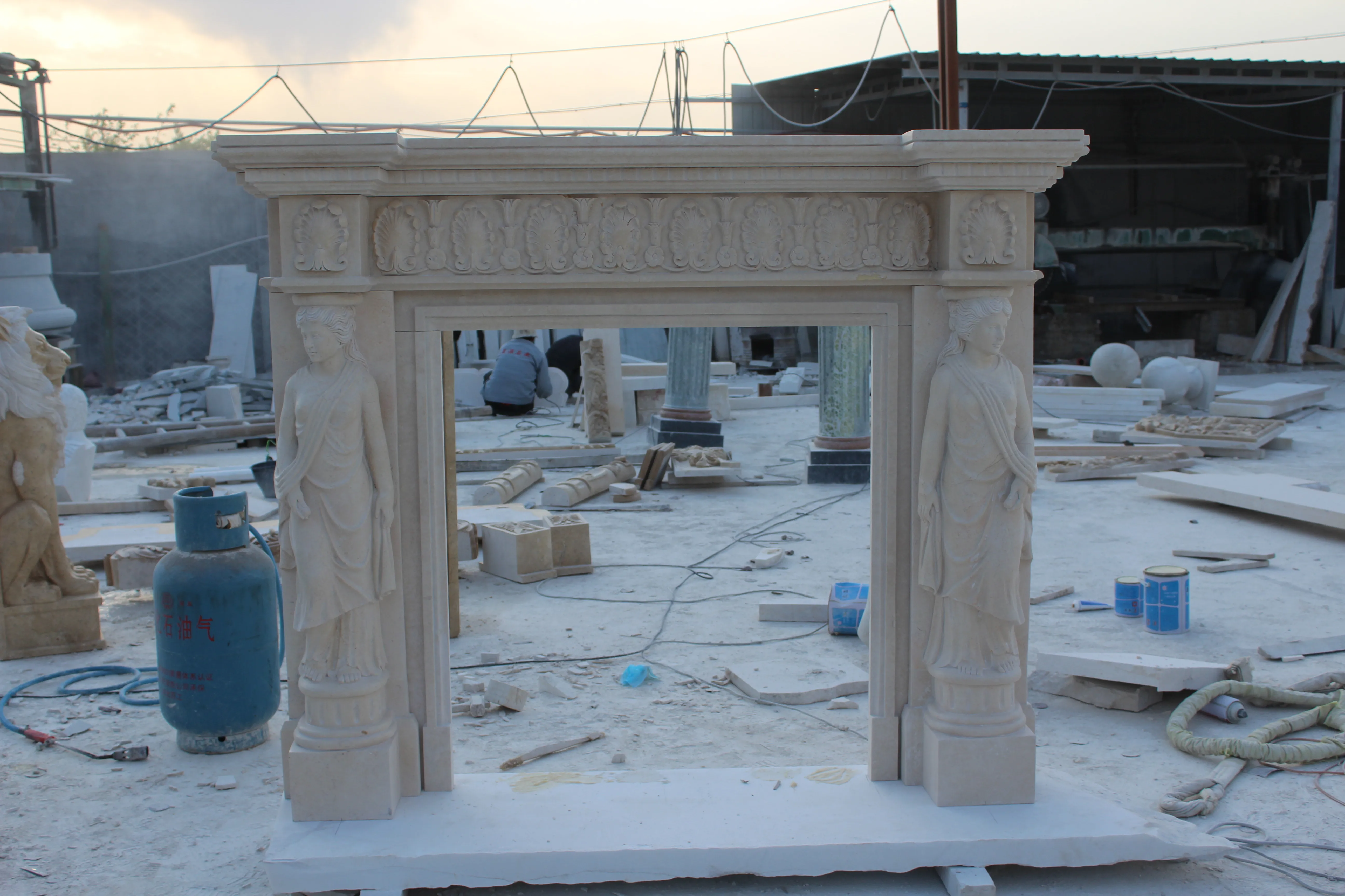 Factory handmade custom simple style yellow lion exquisite marble fireplace interior decoration antique marble fireplace