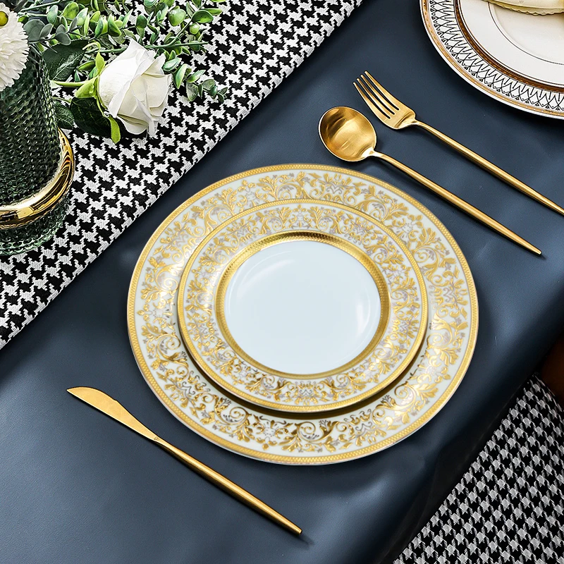 10.5inch with 8inch bone china dinner plate porcelain luxury gold decoration party wedding hotel banquet dish plates sets