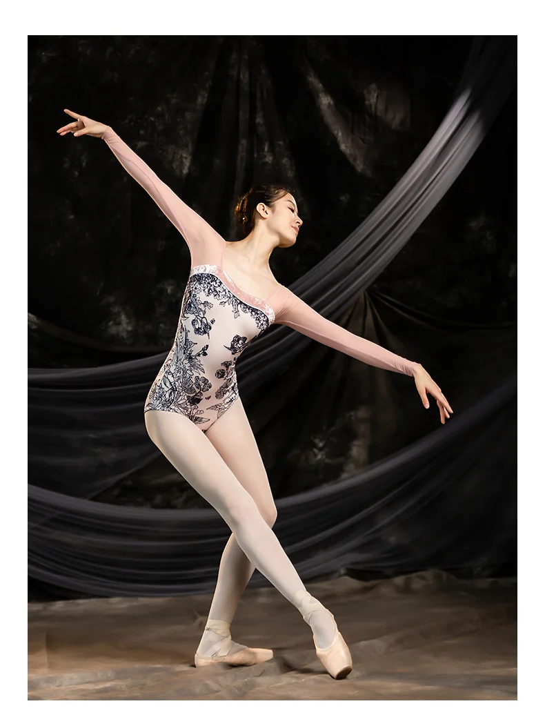 Fashionable Embroidery Selected Mesh Fabric Leotards Breathable Gymnastic Long Sleeves Leotards Dance Wear Training Bodysuit