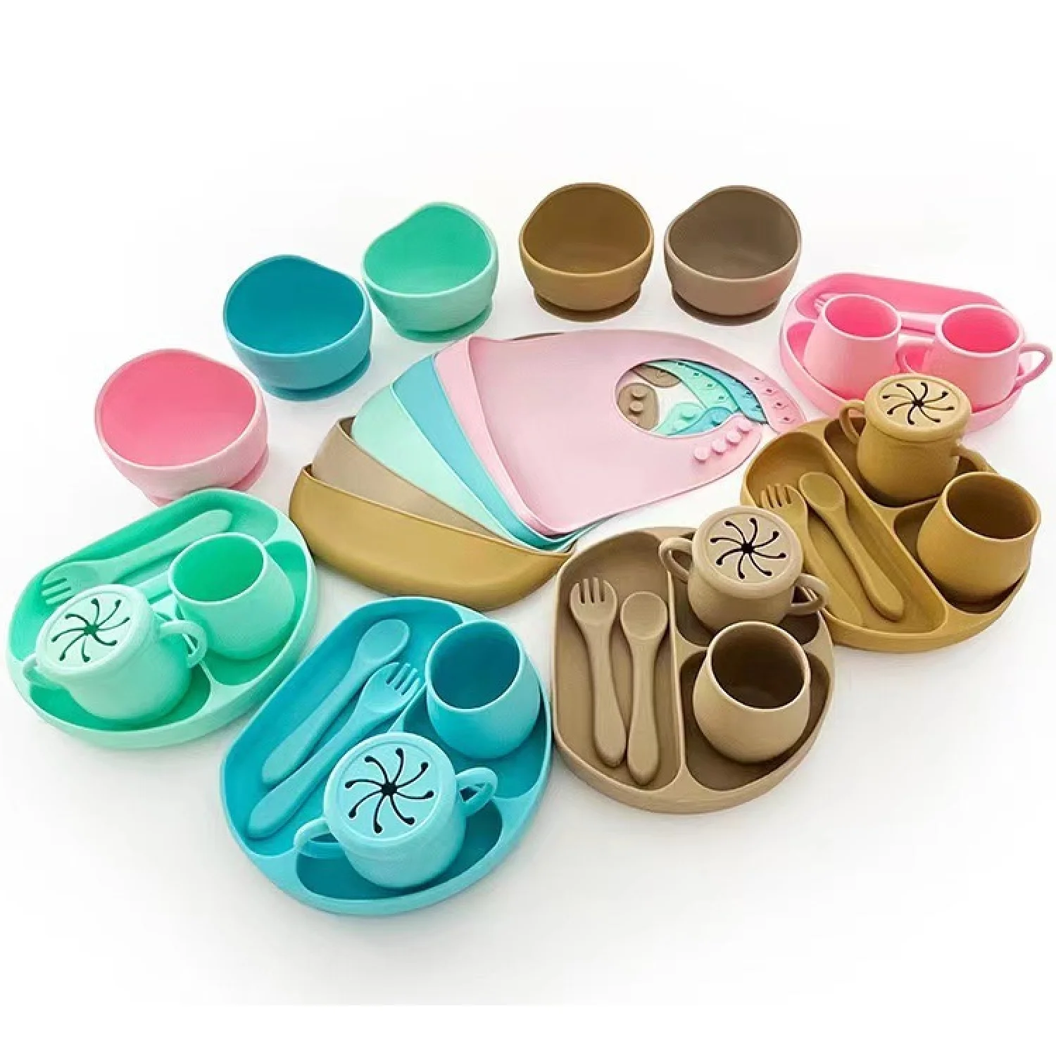 Custom Silicone Kids Semi-Circular Dining Plate With Suction Set children feeding  Baby Items Dinner Set