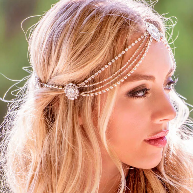 Bridal Headband Rhinestone Wedding Hair Chain Headpiece Accessories for Women Boho Forehead Head Chain Jewelry