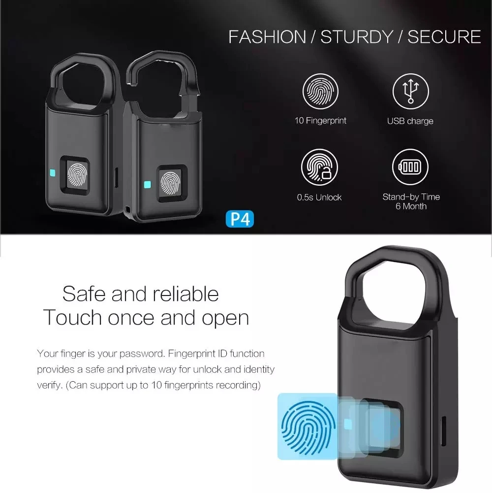 
Cheaper Anti-Theft P4 Smart Fingerprint Padlock smart lock IP65 waterproof USB charge smart padlock 