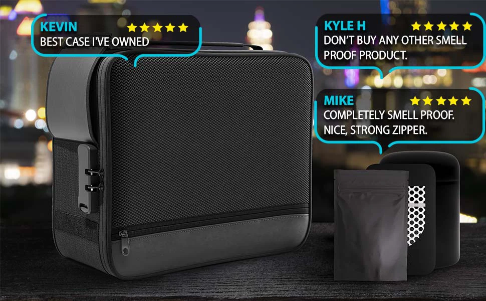 Large Smell Proof Bag & Case with Combo Lock Includes YKK Zippers 50ml Smell Proof Container and Jar Built in Tray & Travel Bags