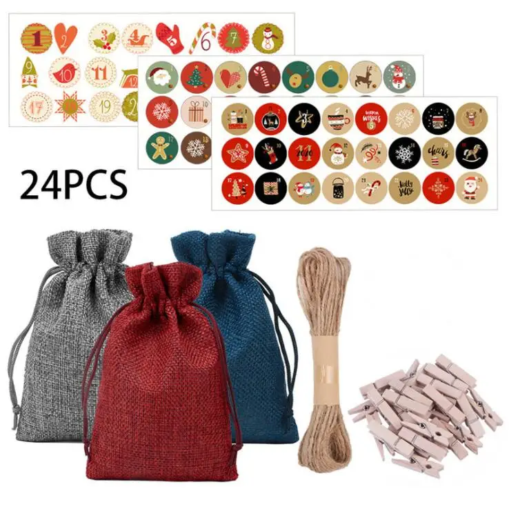 Hot sell Promotional Christmas decorations candy drawstring Linen gift bag advent calendar countdown 24 pcs sets