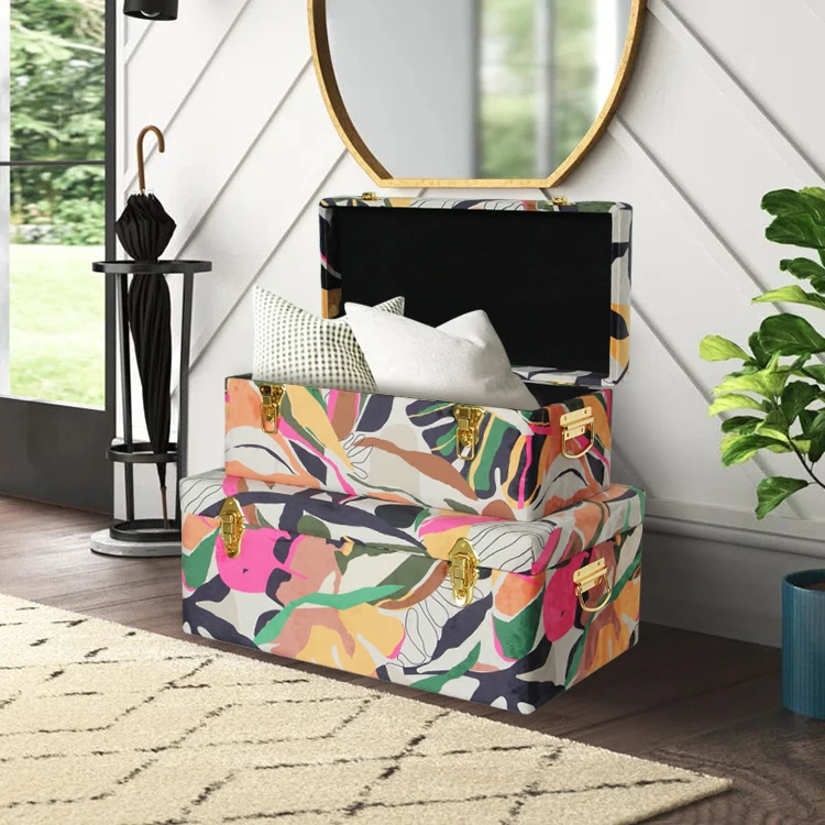 Set of 2 bright fabric flower colors fabric covered storage trunk with gold metal latch