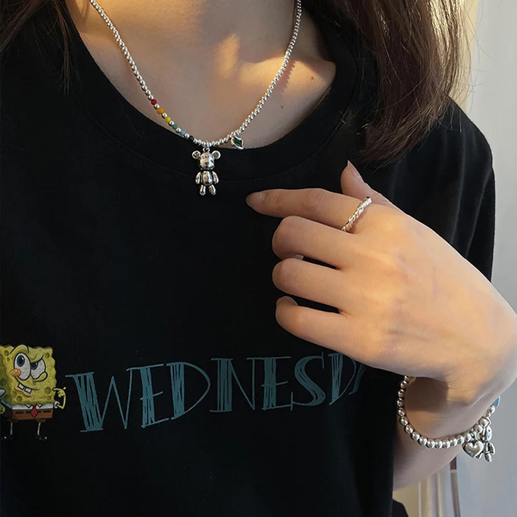 S925 Sterling Silver Colored Beads Love Peace Bear Bracelet and Necklace for women