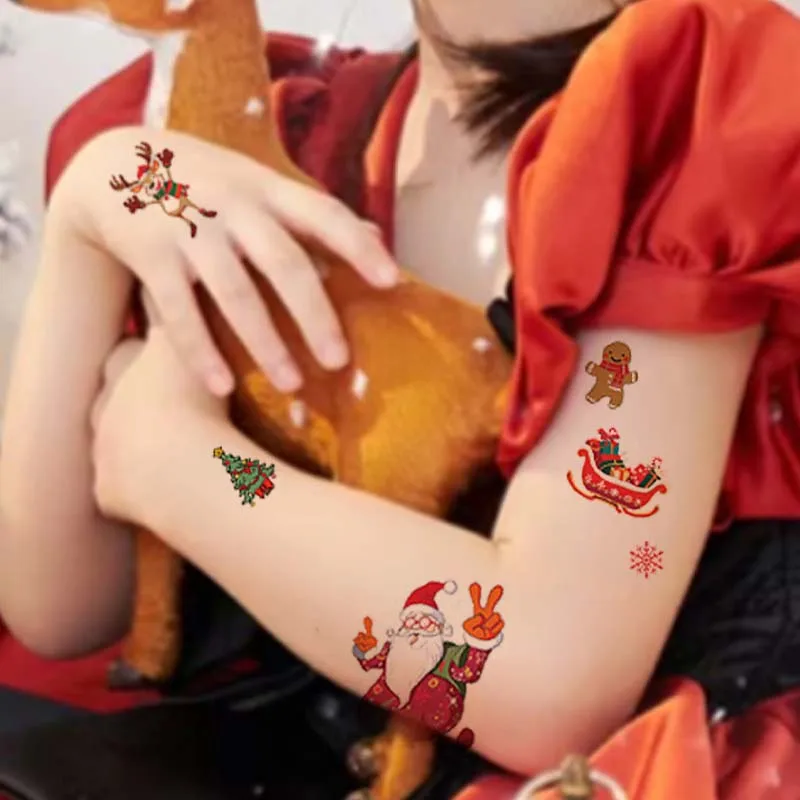 WD 8 Sheet/Bag Semi-Permanent Disposable Colorful Christmas Elements Party Realistic waterproof Temporary Tattoo Stencil Sticker