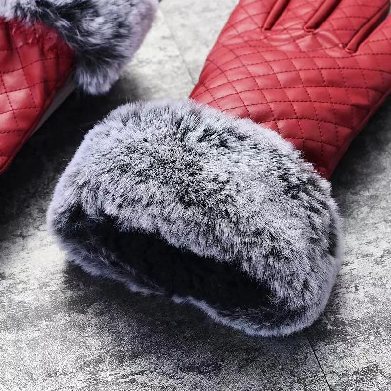 Hot Sell Winter Warm Gloves PU Leather Faux Fur Cuff Gloves Touch Screen Gloves for Women