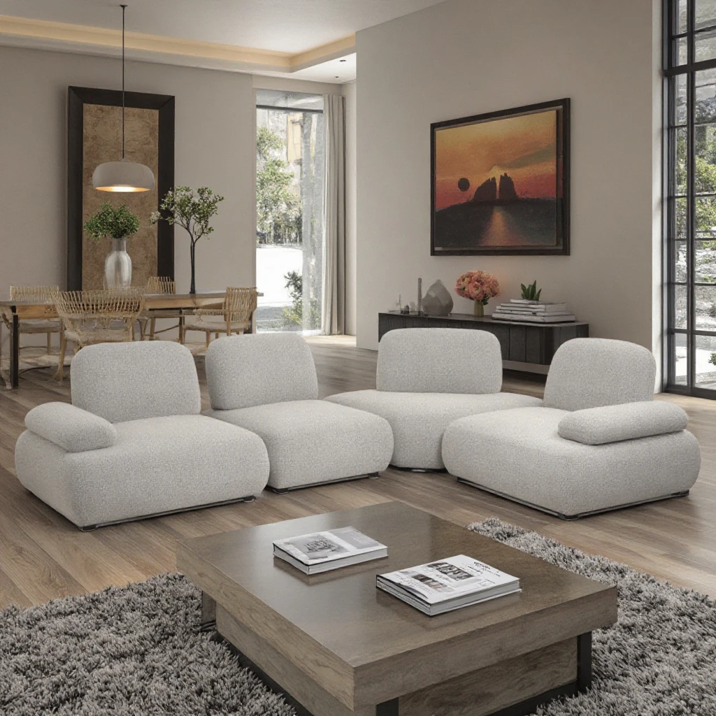 Nordic Modern Luxury Living Room Fabric Tufted Modular Sofa Set Indoor Furniture Villas L Shape Corner Curved Sectional Sofa