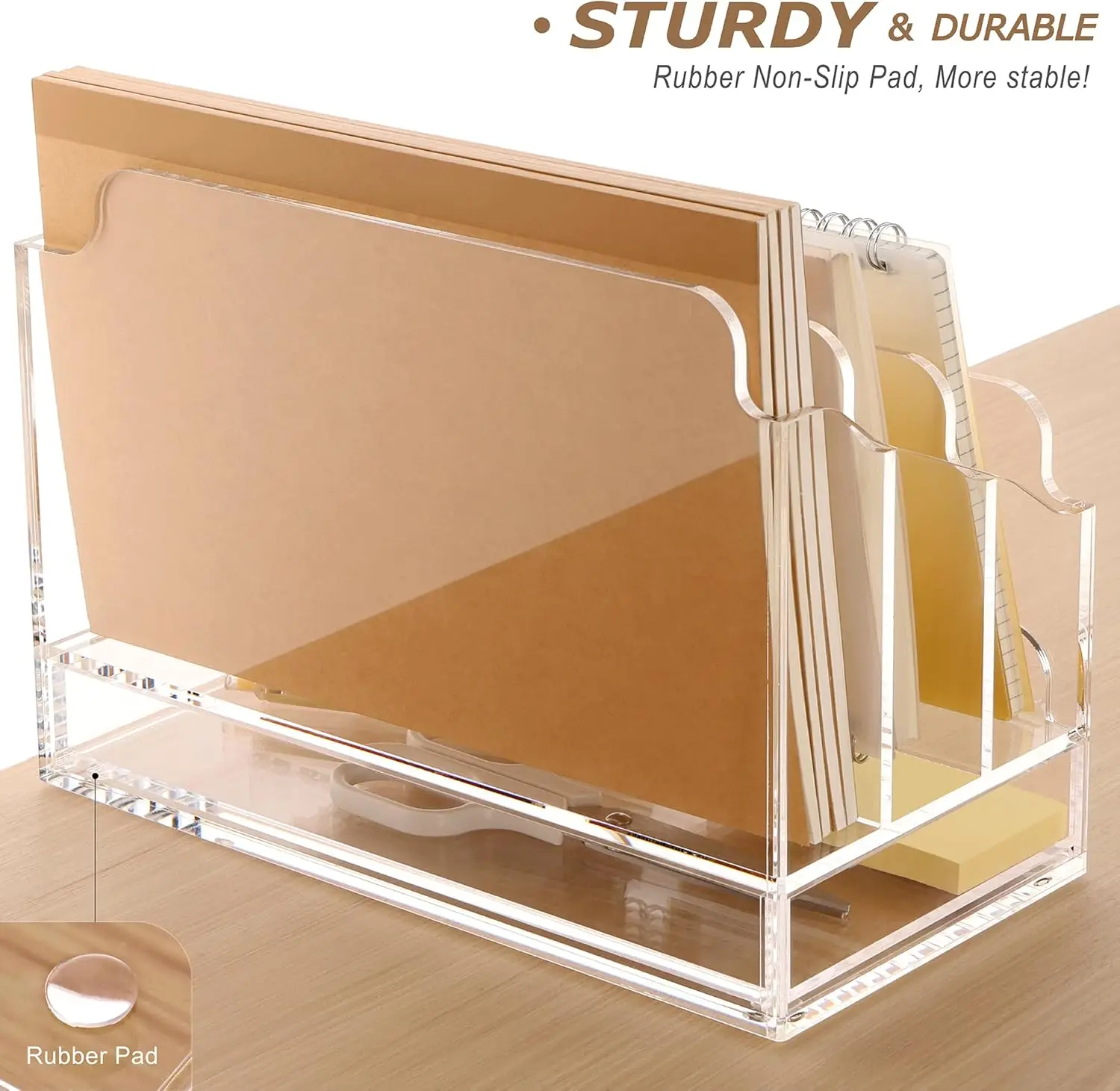 3 Compartments Mail Sorter Box Acrylic File Holder Desk Organizers with Sliding Drawer