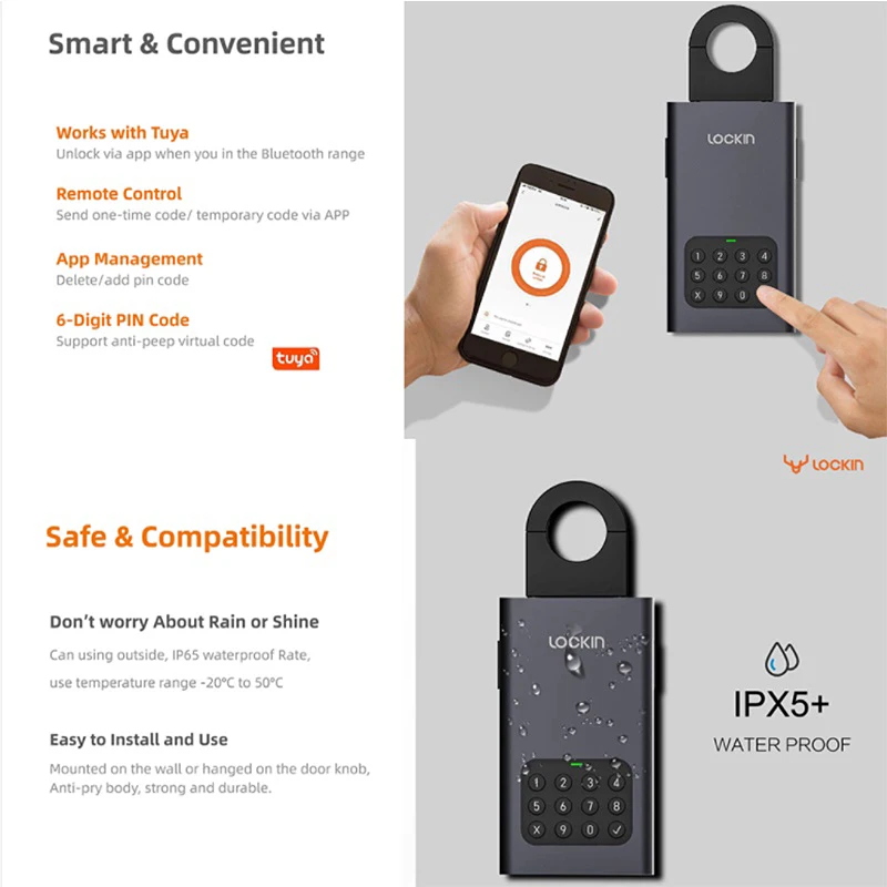 Tuya APP Connected Loock Lockin L1 Waterproof Smart Key Safe Lock Box Key Storage Wall Mounted Remote Password Control Lockbox
