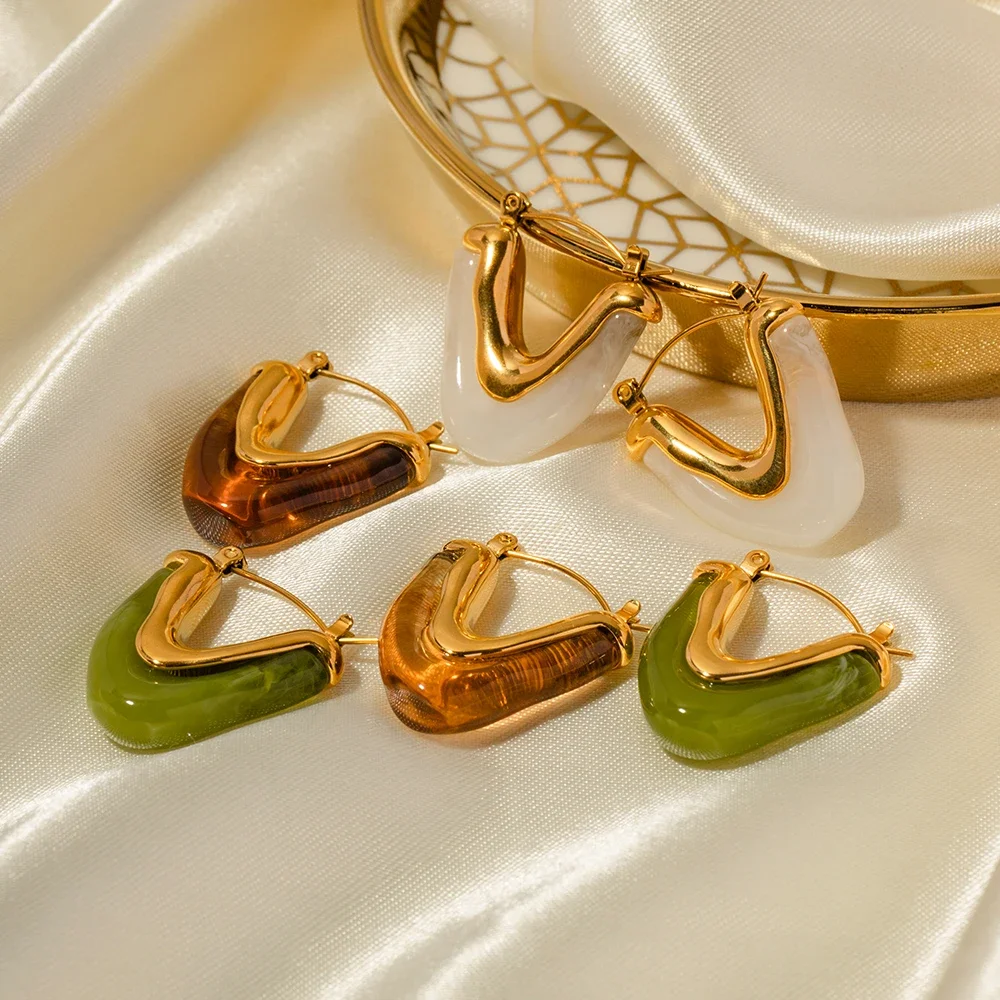 SUMMLY 18K PVD Gold Plated V Shape Chunky Statement Earring Design Colorful Acrylic Hoop Earring Stainless Steel
