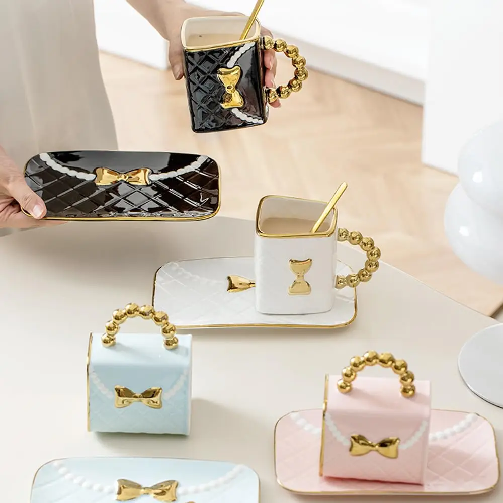 10 Oz 310 ML 4 Style Creative Handbag Shaped Mug Classic Coffee Mug Handbag Shaped Ceramic Tea Cup with Saucer Spoon