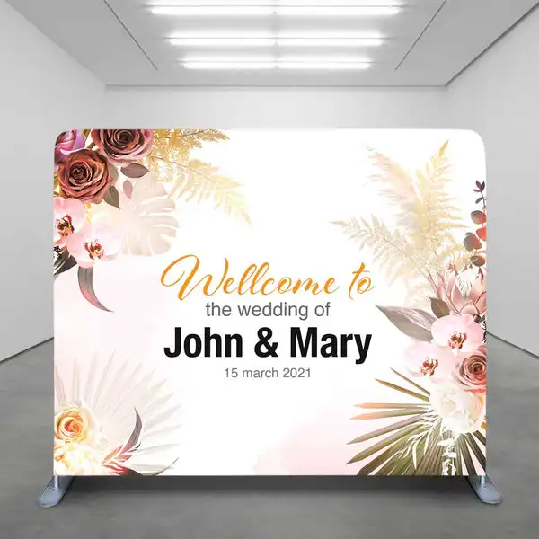 sunshine custom straight foldable wedding party step and repeat backdrop stretch fabric banner stand pillowcase backdrop