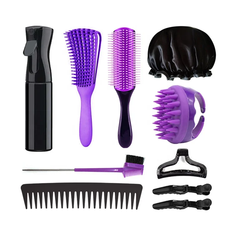 Gloway 10Pcs African 3a to 4c Texture Curly Hair Brush Sleep Bonnet Set Custom Logo Detangling Hair Brush For Black Natural Hair