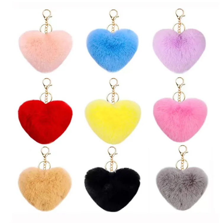 Heart Keychain Fluffy Pompom Keychain Heart Plush Key Chains