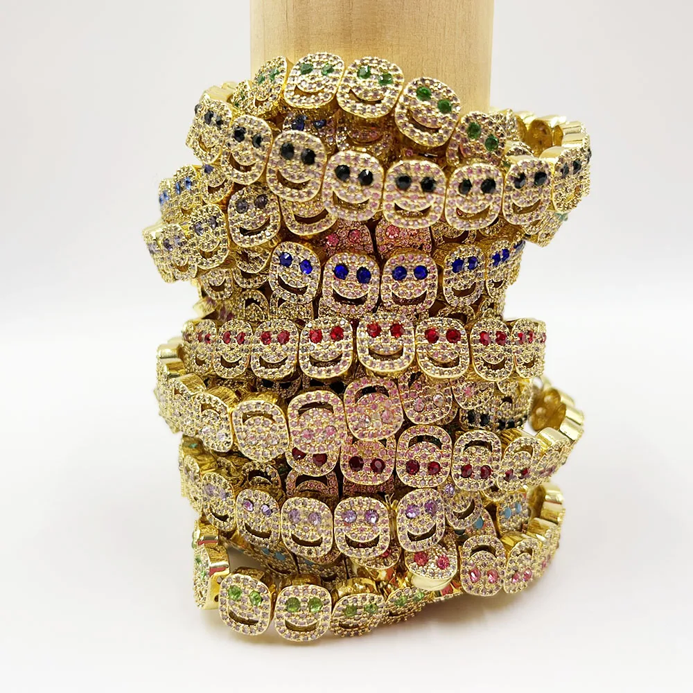 18k Gold Plated CZ Friendship Happy Smily Face Rhinestone Bracelet with Blue Green Red Pink Black Eyes