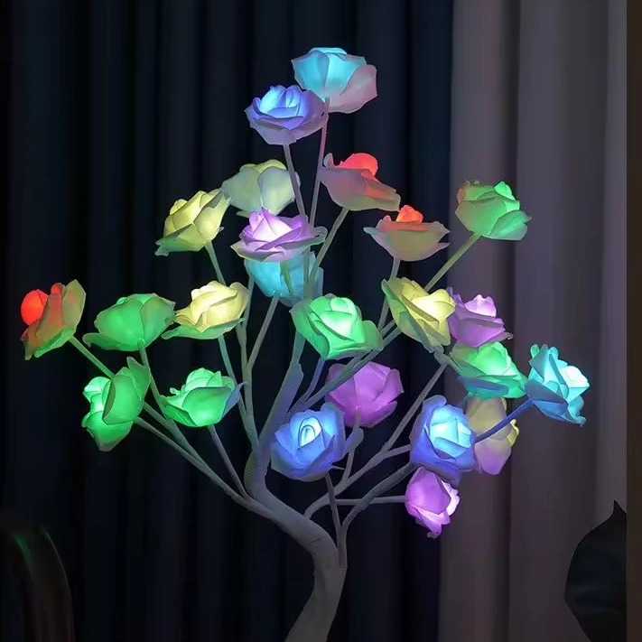 Modern Rose Flower Tree RGB LED Desk Lamp with Remote Control PVC Body Battery Power for Bedroom