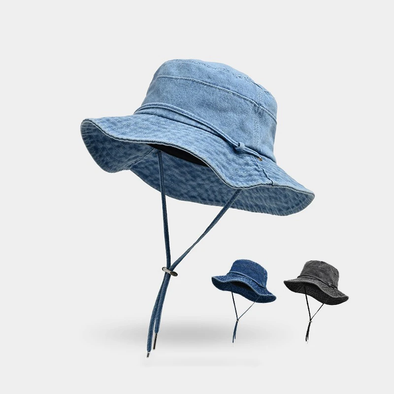 Packable Outdoor Travel Sun Hats Wide Brim Outlet Washed Cotton Blue Jeans Denim Bucket Hat with String