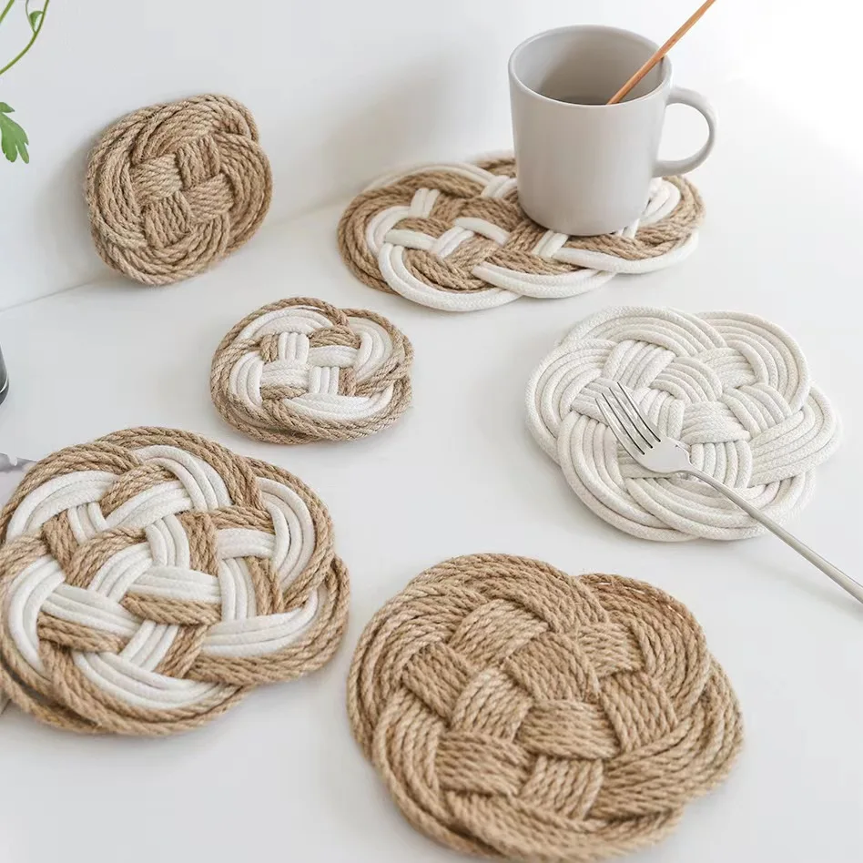 Wholesale table vintage handwoven handmade braided marcrame natural cotton and jute round placemat and coaster Heatproof