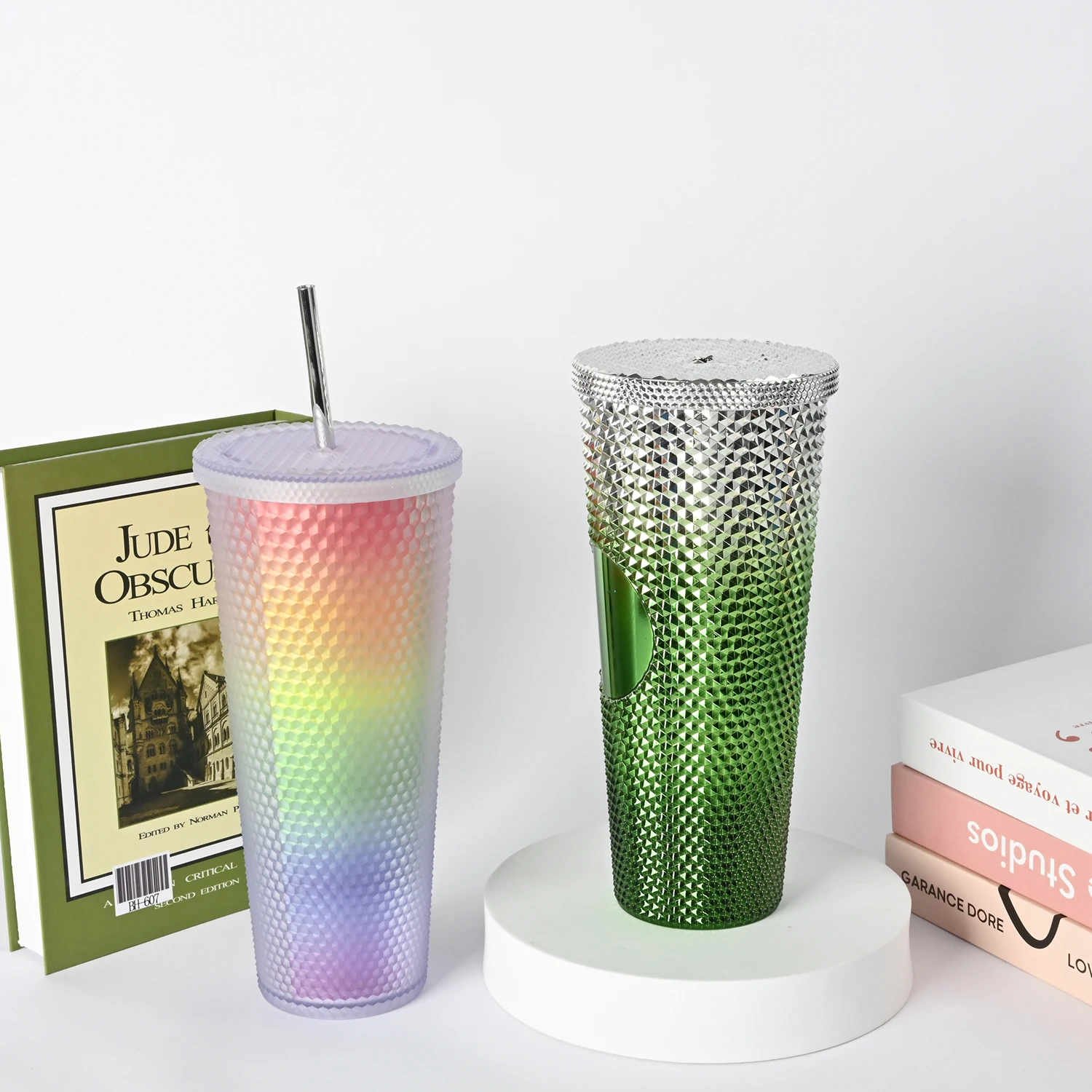 Custom Logo 710ml Reusable Diamond Drinking Cups 24 oz Multi Colors Matte Durian Tumbler with Lid and Straw