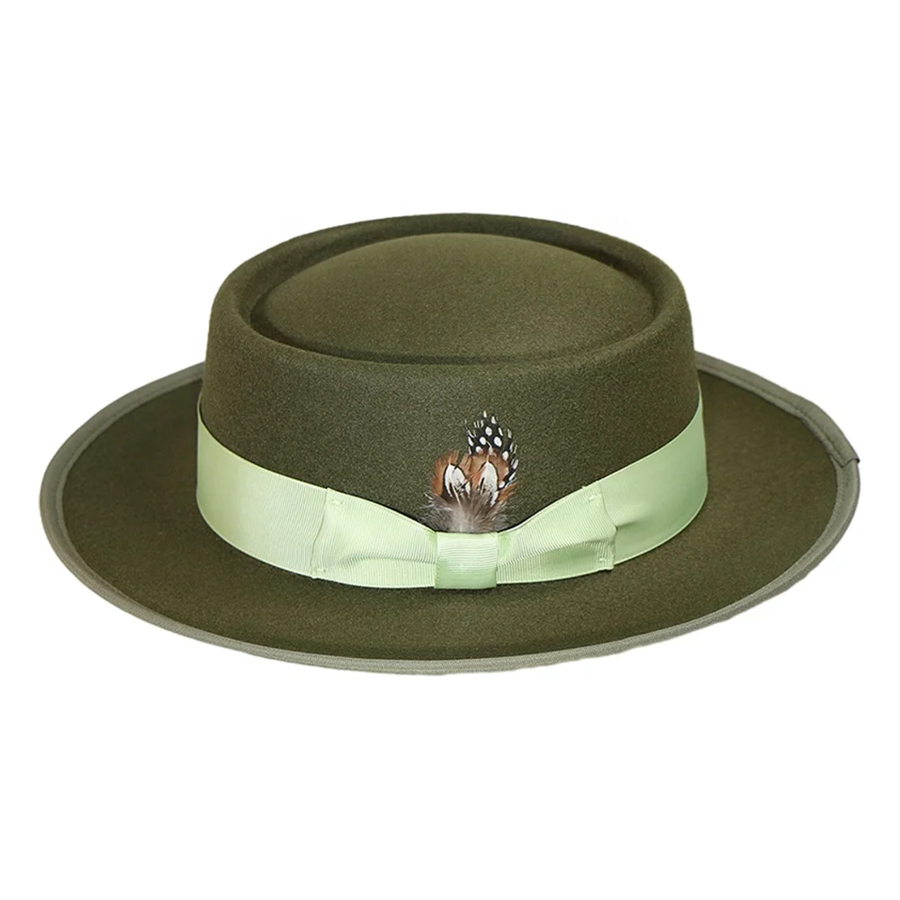 Custom logo luxury wool bowler unisex designer womens men pork pie flat boater fedora felt hat cap manufacture with feather