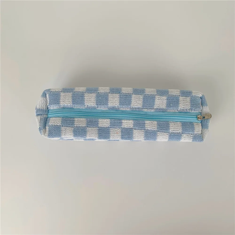 Student Checkered pen Bag College girls Pencil Case Cute plaid Square Shape Knitted Pencil Bags Tube Pencil Case Stationery Bag