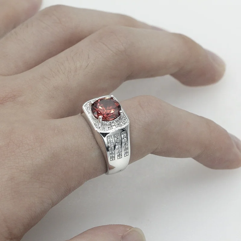 Malaysia 925 Pure Silver Big Red Stone with Clear Zircon Men Rings White Gold Plated Engagement Ring For Men Women Jewelry Ring