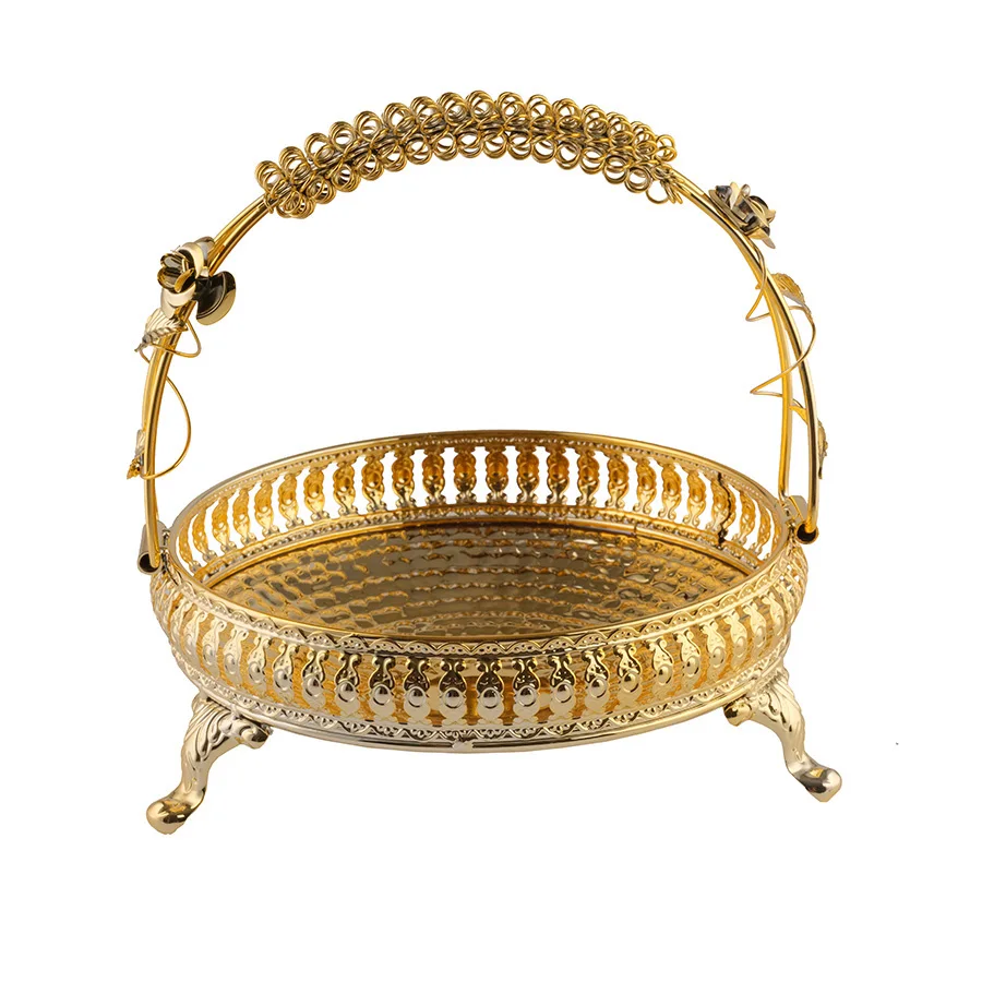 Turkish Elegant Plateau Ramadan Decorative Fruit Basket Snack Dessert Food Glass Serving Fruit Gold Metal Serving Tray With Leg
