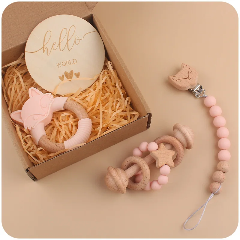 New design baby beech silicone 4pcs baby gift set headband bunny teether rattle chewable baby teether