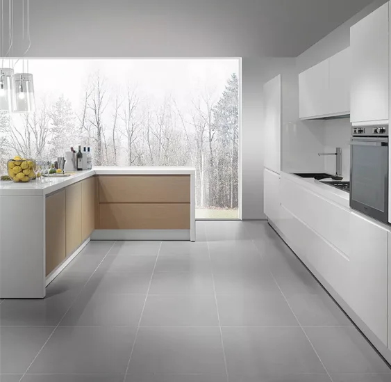 Customized  Kitchen Cupboard, Blue and White High Gloss Lacquer Kitchen Cabinet with Quartz Countertop