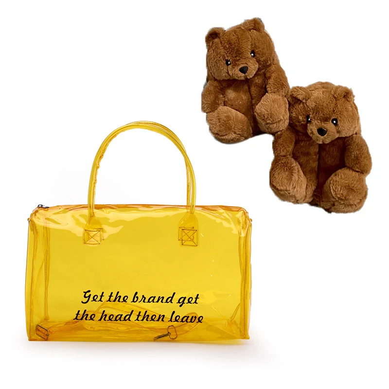 Hot Overnight Bag And Teddy Bear Slippers Set Selling Travel Custom Clear Pvc Spend The Night Bag Pink Gym Duffle Sports Bag