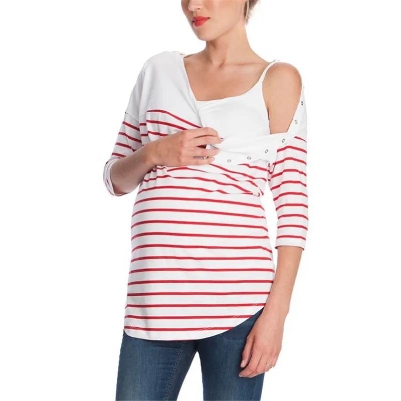 Wholesale Maternity Clothes Pregnancy Casual Plus Size Nursing Tops Feeding Maternity Loose Stripe Shirt