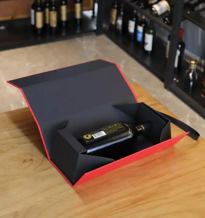 Custom Printed Paper Magnetic Single Wine Bottle Gift Packaging Box Folding Package
