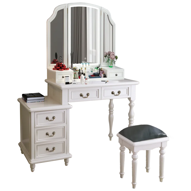 
Full-size solid wood American retractable storage small house white dresser size vanity folding mirror can be hidden 
