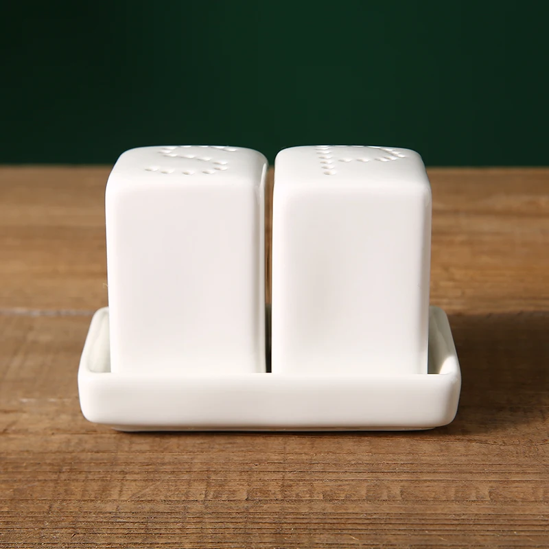 WEIYE Kitchen Ceramic Spice Shakers Pepper Bottle Porcelain Square Salt Pepper Shakers Spice Storage Set With Ceramics Tray