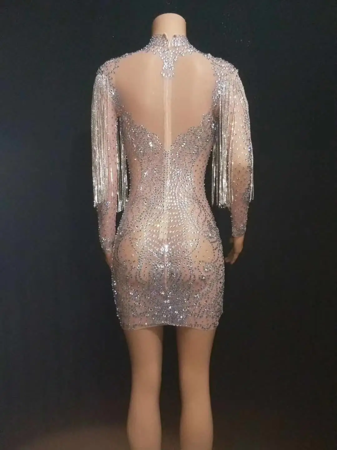 Luxury Performance Roupas Rhinestone Tassel Mesh Sequin See Through Party Birthday Stage Outfits Costume De Danse Dancer Dress