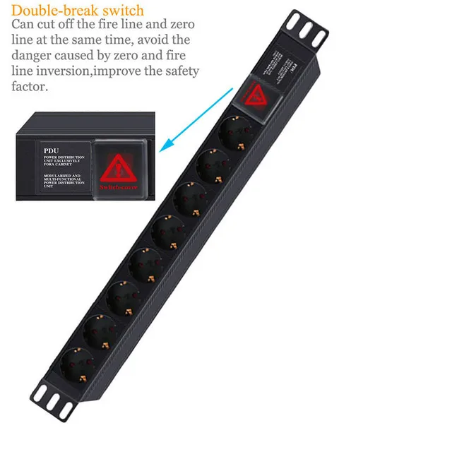 PDU Power Strip Distribution Unit Cabinet 8 Way AC German/French Socket Overload lightningproof Break Switch EU Plug 2m Cord