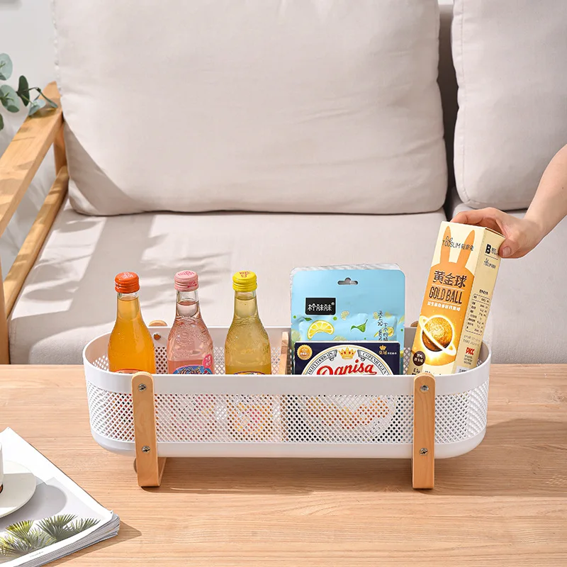Creative Wooden Handle Storage Holder Rectangular Plastic Basket for Kitchen Cabinet Clutter Desktop Organization