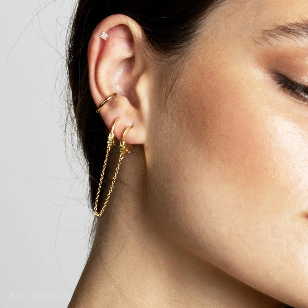 Custom Trendy 925 Sterling Silver 18K Gold Plated Dainty Jewelry Handcuffs Link Chain Double Huggie Hoop Earrings For Women