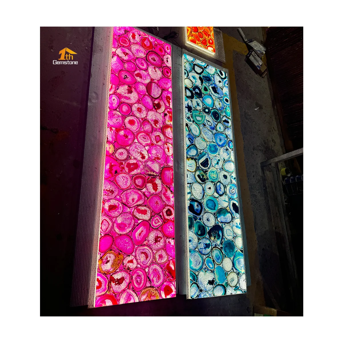 Natural Gemstone Product Backlit Pink Blue Agate Stone Decorative Wall Panel With Light