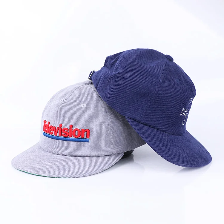 Hengxing custom 5 panel unstructured snapback thin corduroy snapback hats flat brim sports caps
