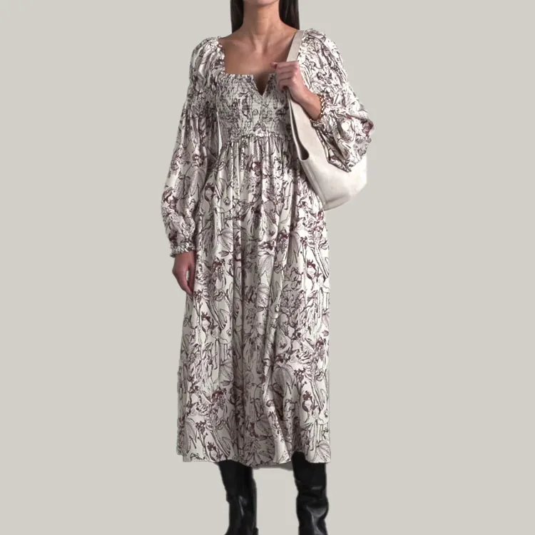 Winter bangkok korean designer Square neck pocket shirred printed silk charmeuse midi dress